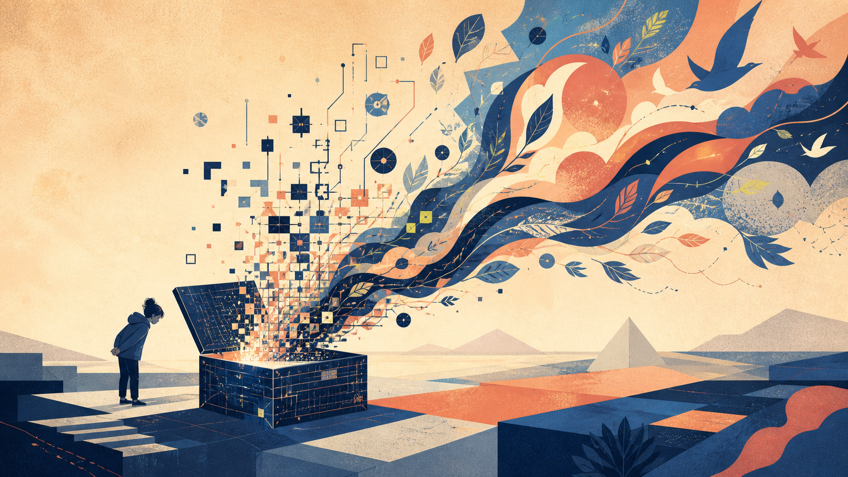 An abstract circuit-built Pandora's box releasing pixels, ribbons, leaves, and birds