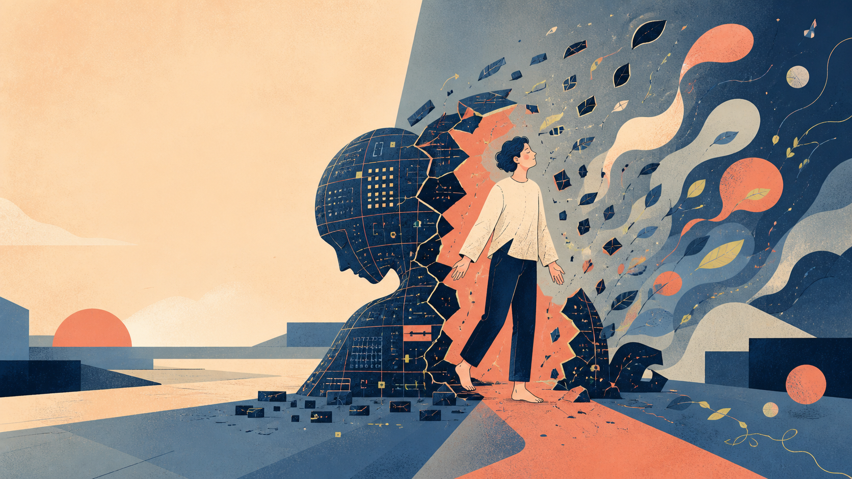 Abstract illustration of a person emerging from a cracked software-engineer identity